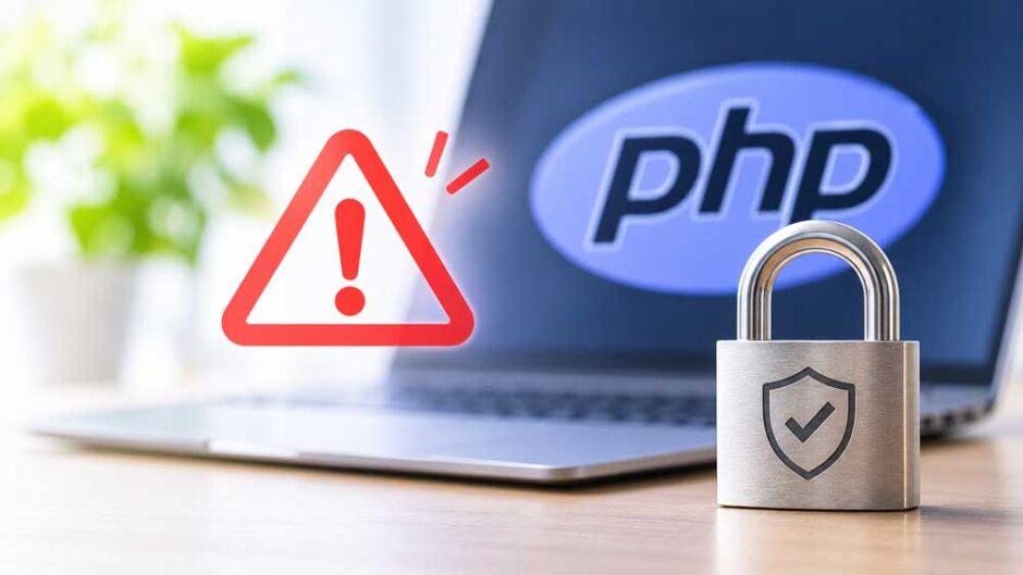 PHPの脆弱性への警告とホームページのセキュリティ対策をイメージした画像