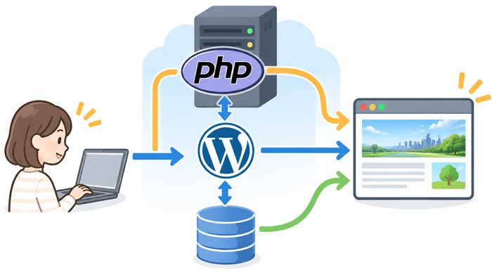WordPress・PHP・データベースとホームページ表示の関係を示した図
